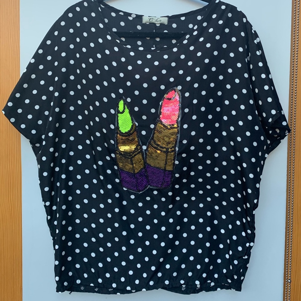 Vintage 💄 Patch Embellished Polka Dot Blouse